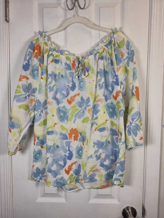 Hester & Orchard Tops - Hester & Orchard Floral Linen Blend Peasant Blouse XL Blue Orange Off Shoulder
